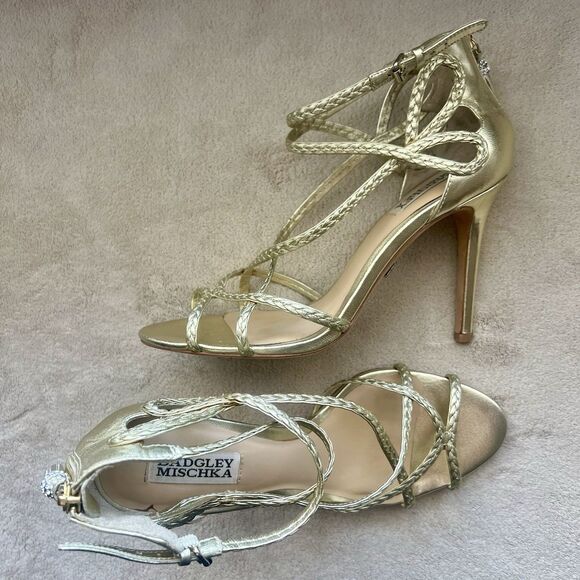 Badgley Mischka Metallic Gold Strappy Stiletto Heel Sandal Women 8.5 Braided Zip - Picture 16 of 16